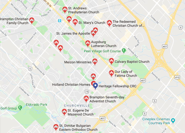 A google maps image of Churches near Holland Christian Homes. Includes: St. Andrews Presbyterian Church, St. Mary's Church, The Redeemed Christian Church, and etc...