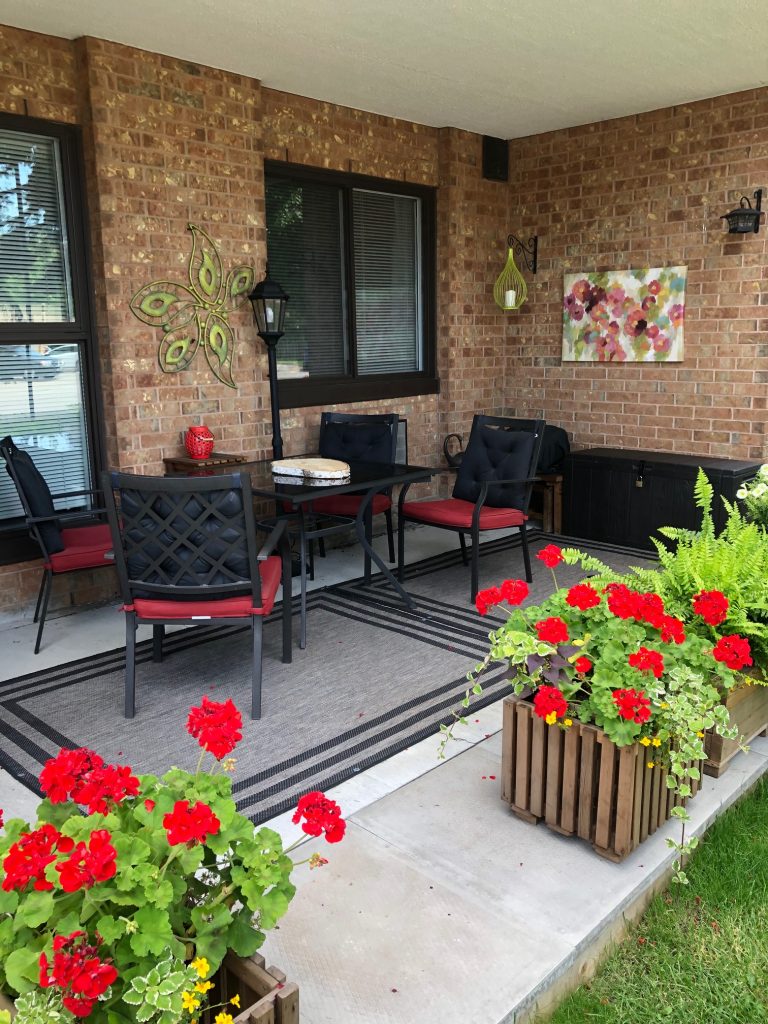 A outdoor photo of a patio in Trinity Tower.